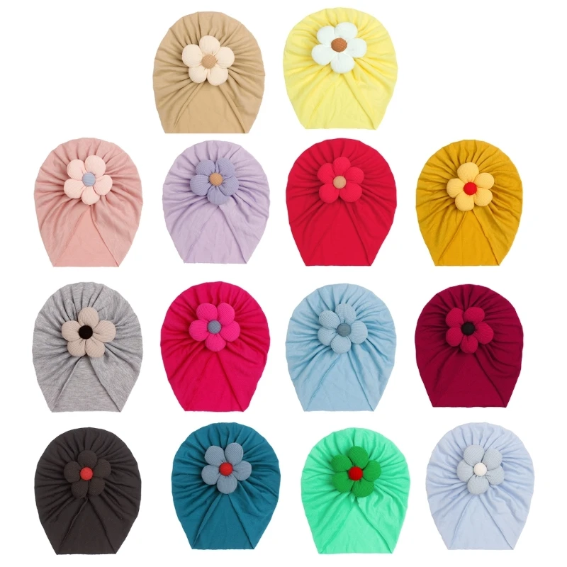 Solid Turban Hat Baby Beanie Cap Headwrap with Big Flower Charm for 0-2 Years Baby Girls Infants Toddlers Pullover Hat