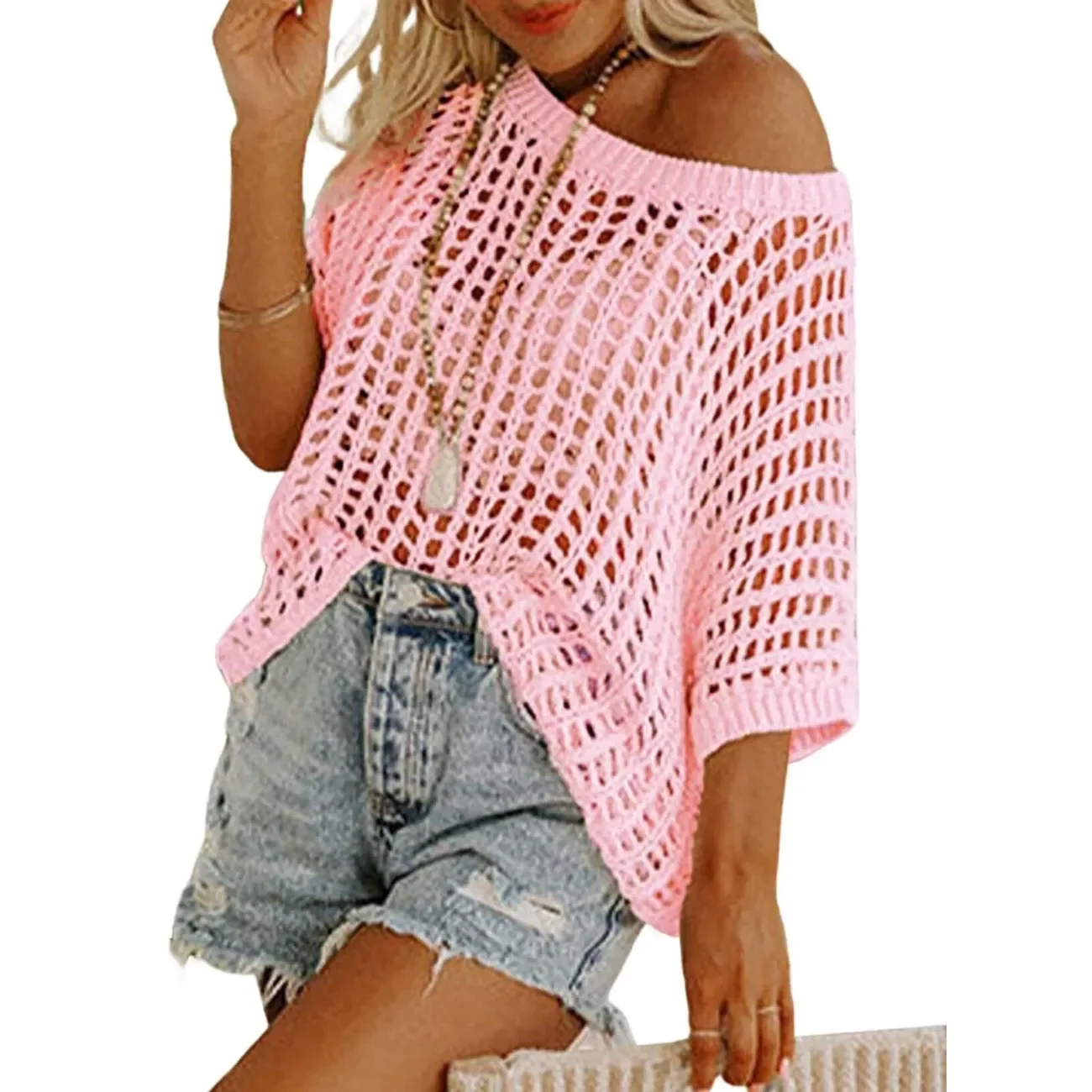 Half sleeve Crochet  Top Summer Knit Hollow Out Mesh Cover Ups Women‘s top Streetwear