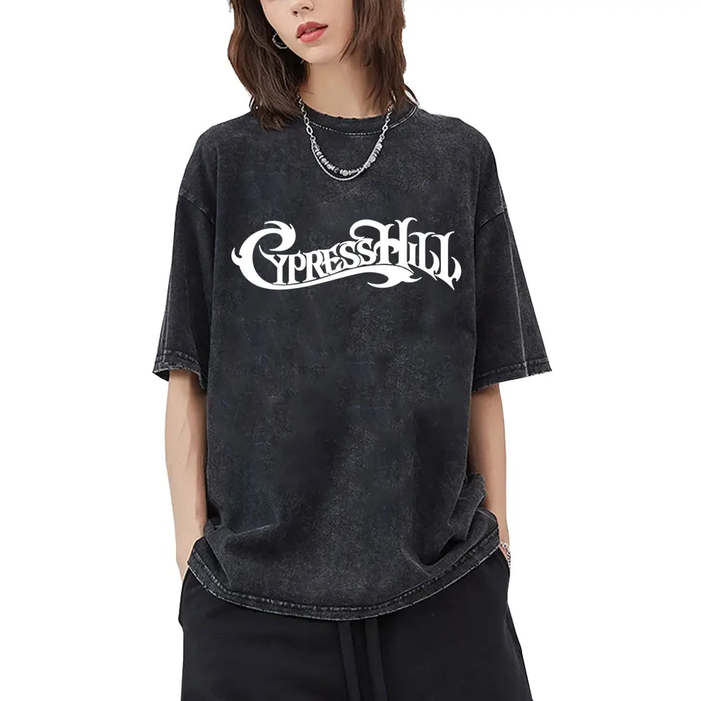 

Washed Vintage Rapper Cypress Hill Logo Graphic T Shirt Men Women Fashion Hip Hop Oversized T-shirts Unisex Skeleton Streetwear