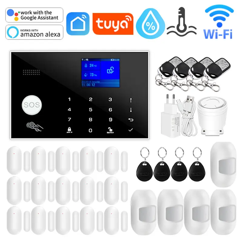 

Go Tuya WIFI GSM Home Security Alarm System Support Network Temperature Humidity Smart Home Security Alarm Kit For Alexa Google