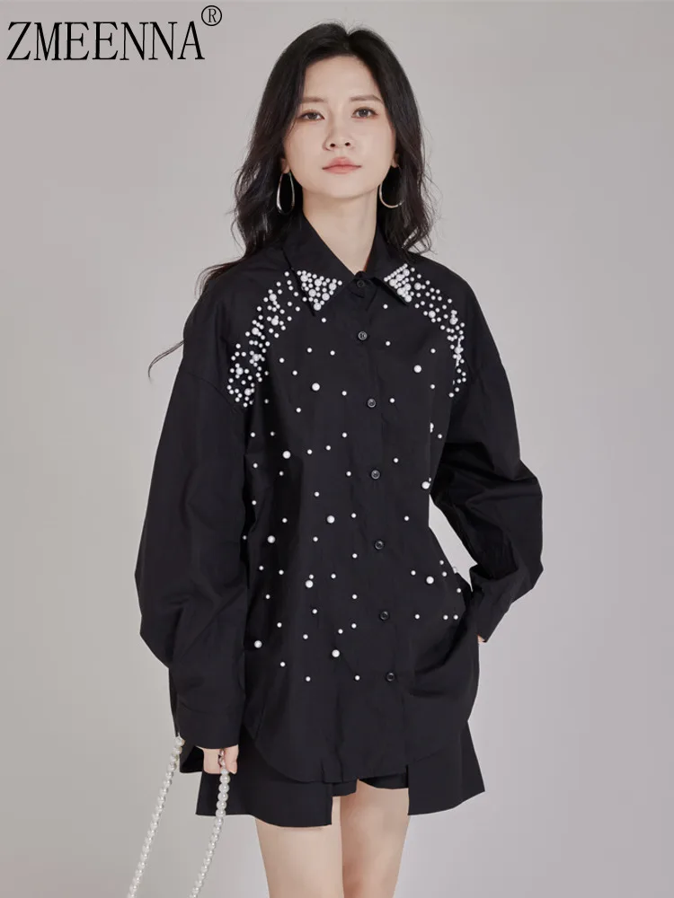 

ZMEENNA Womens Black Loose Fit Button Up Shirt Top Long Sleeve Pearl Beaded Decor Oversized Blouse Casual Fashion ZM4618