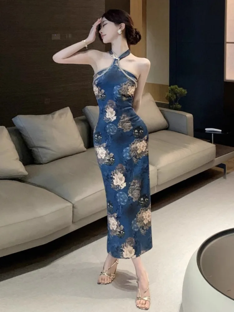 Topanoma Vintage Evening Dresses Women Sleeveless Floral Printed Slim Elegant Cocktail Dress Birthday Party Performance Gift