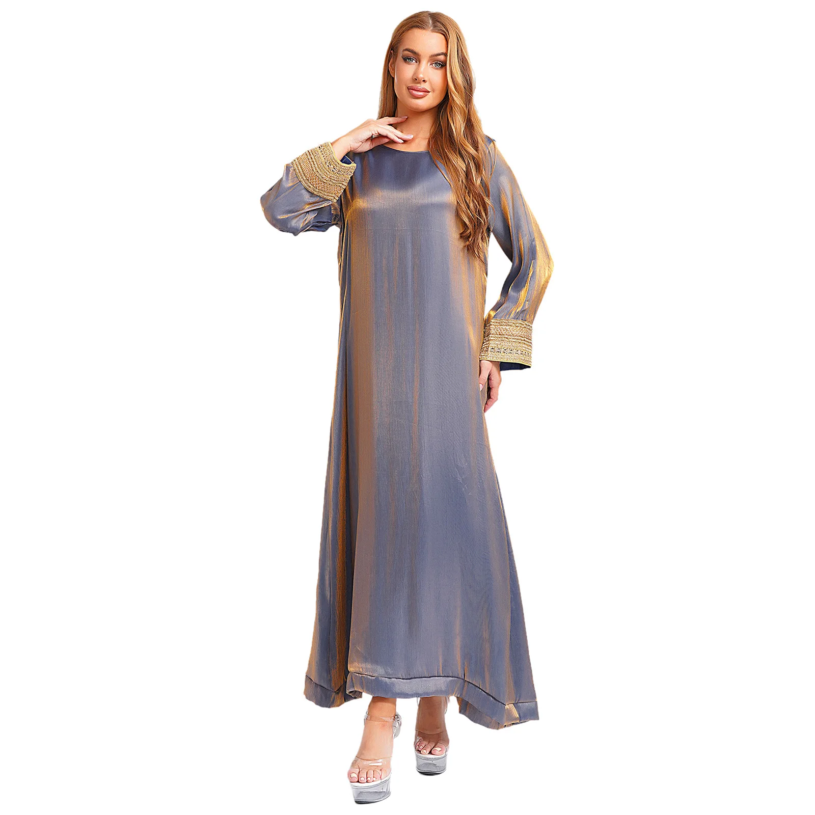 

Womens Muslim Arabic Abaya Dress Long Sleeve Loose Dubai Saudi Arabia Middle East Maxi Dress Pullover Robe Shiny Kaftan Dress