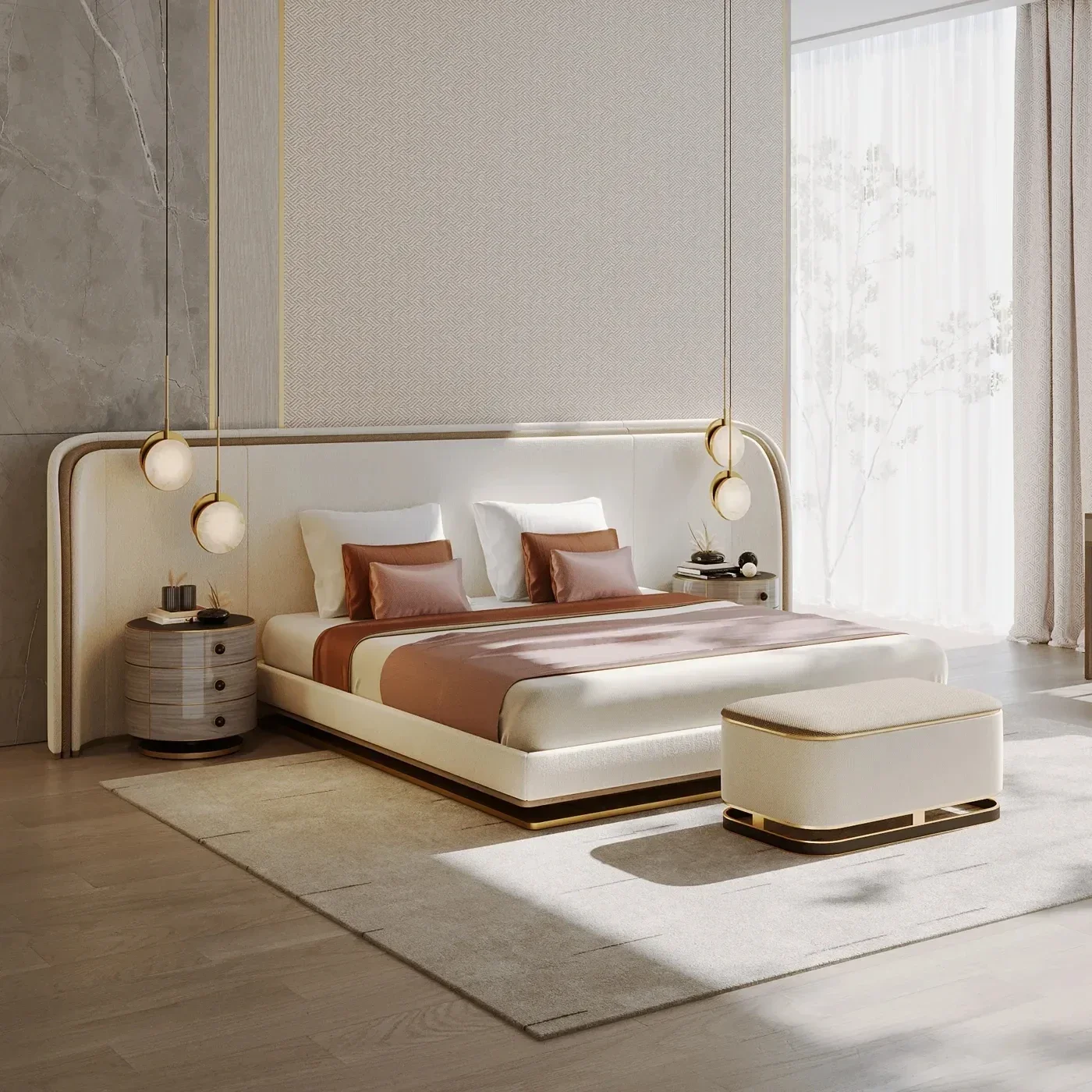 

Zestaw мебели для спальни z отеля, двуспальные роскошные роскошные тканевые мягкие кровати размера King Size