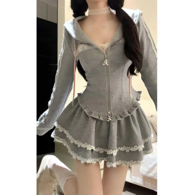 

Y2k 2-piece Set Skirt Sets Women's Zipper Hooded Sweatshirt Mini Skirts Lace Streetwear Slim Full Skirt Long Sleeves Top Suits