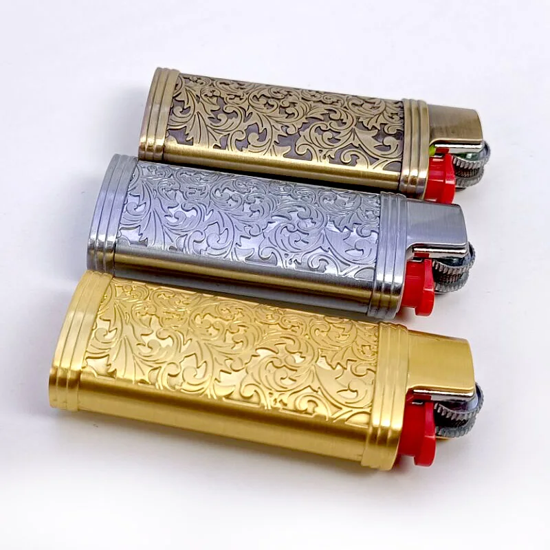 Vintage Arabesque Bic J5 Lighter Case Metal Armor 60mm BIC Lighters Cover Metal Case Plastic Lighter Protection Case