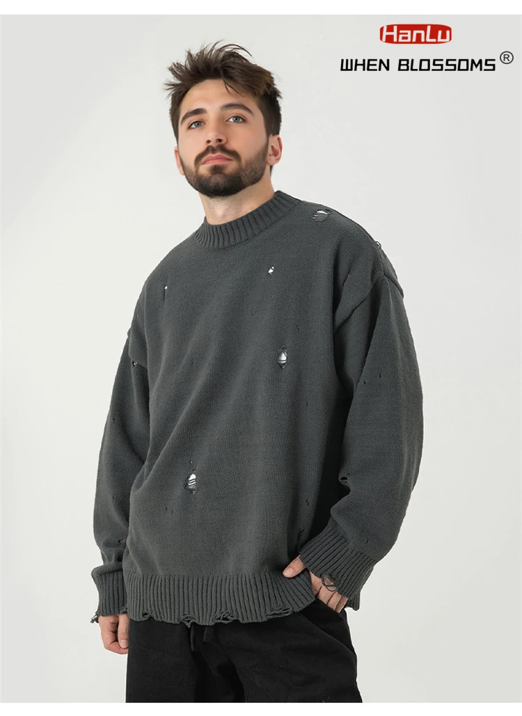 HANLU 2025 Spring Fashion New Vintage Loose Hole Breaking Design Sweaters Solid Knitted Jumper Men  Hip Hop Oversized Pullover
