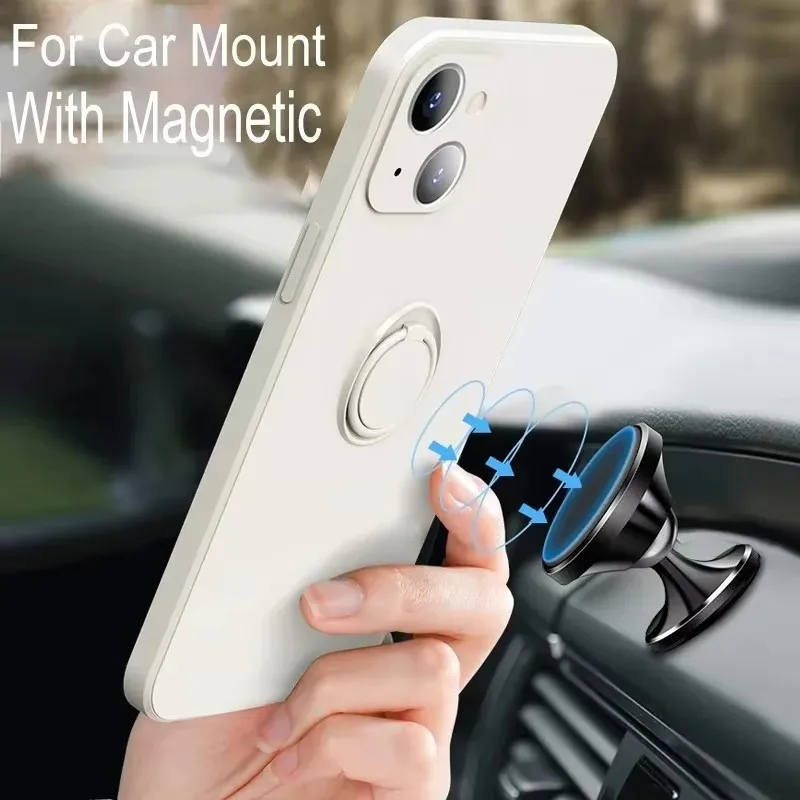 Luxury Original Liquid Silicone Ring Holder Case For iPhone 16 15 14 Plus 13 12 Mini 11 Pro X XR XS Max With Strap Soft Cover