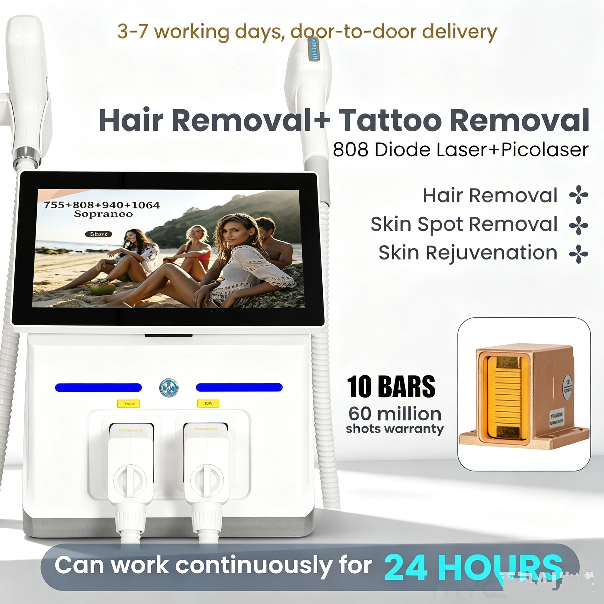 2In1 FAC Myoslim 10Bars Diode 808 Laser Hair Removal Machin Picosecond Tattoo Removal Machine 4Wavelength Skin Rejuvenation