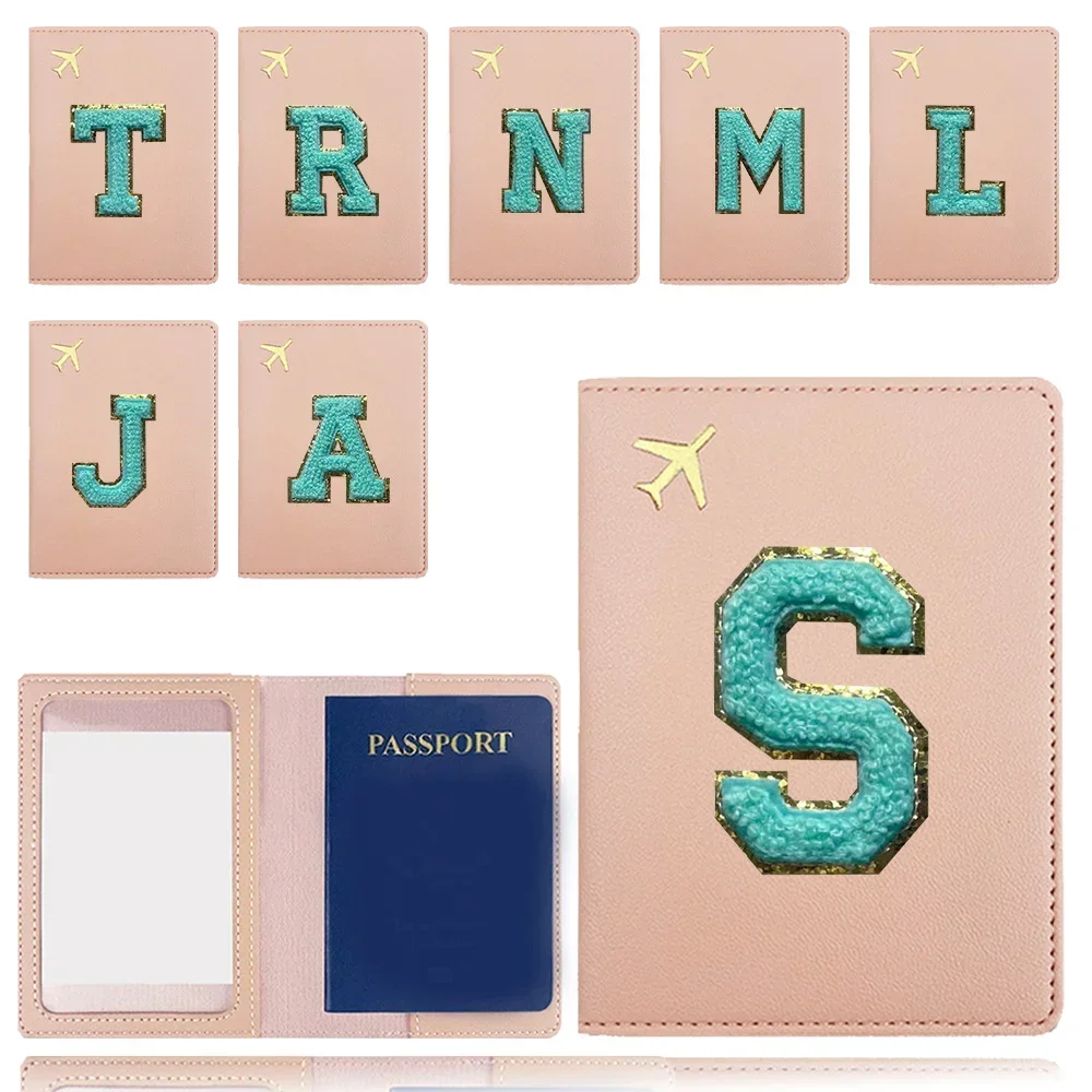 

Passport Holder PU Passport Organizer Case Durable Air Ticket Cover Initial Chenille Embroidery Letter Green Pattern For Travel