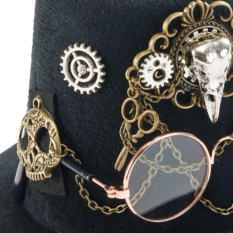 Lolita Punk Vintage Mini sombrero de copa gótico Retro gafas engranajes cadena sombreros para mascotas decoraciones sombreros