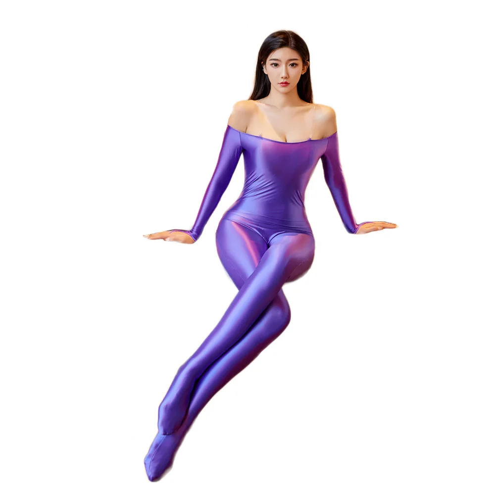 Sexy Glove Sleeve Elastic Bodysuits Oil Glossy Shiny See Through Shaping Leotard Sexy Tight Off Shoulder Jumpsuit Candy Color