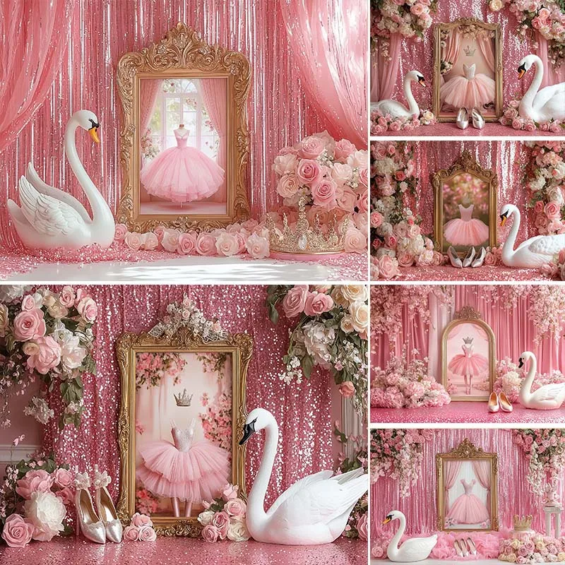 

LS Photography Background Ballet Slippers Swan Pink Curtains Decor Girl Princess Birthday Party Cake Smash Photo Backdrop Studio