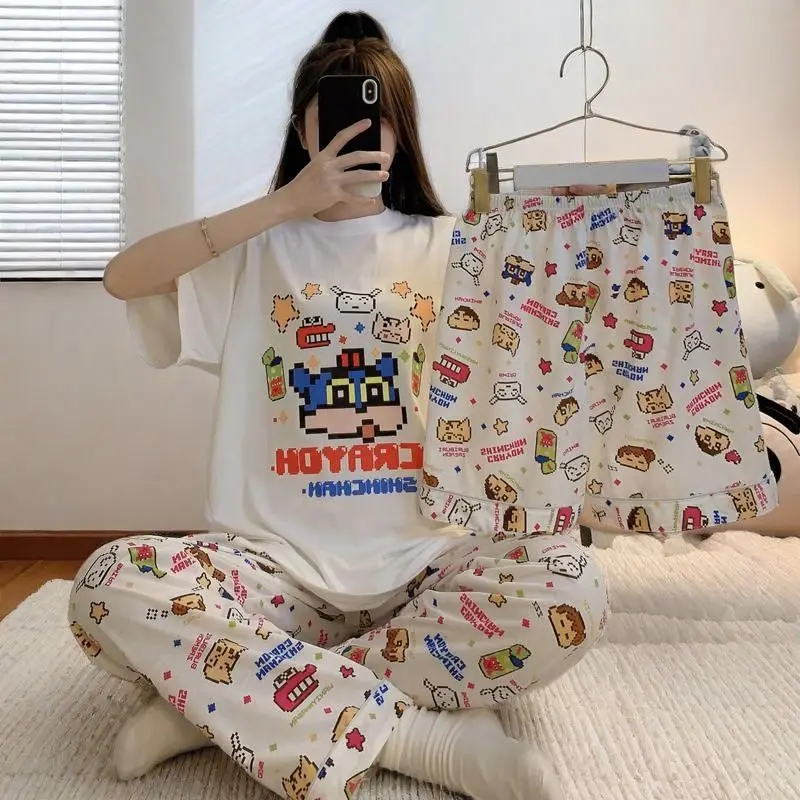 

Милый карандаш с рисунком Шин-тян, пижамы Kawaii, женский повседневный костюм, летние тонкие брюки с короткими рукавами, домашняя одежда, комплект из трех предметов