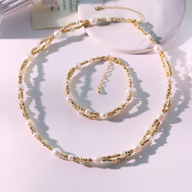 

Белый натуральный пресноводный жемчуг, медные бусины, ожерелье, браслет, новый золотой цвет, дизайн ювелирных изделий ручной работы, женские подарки GS0235