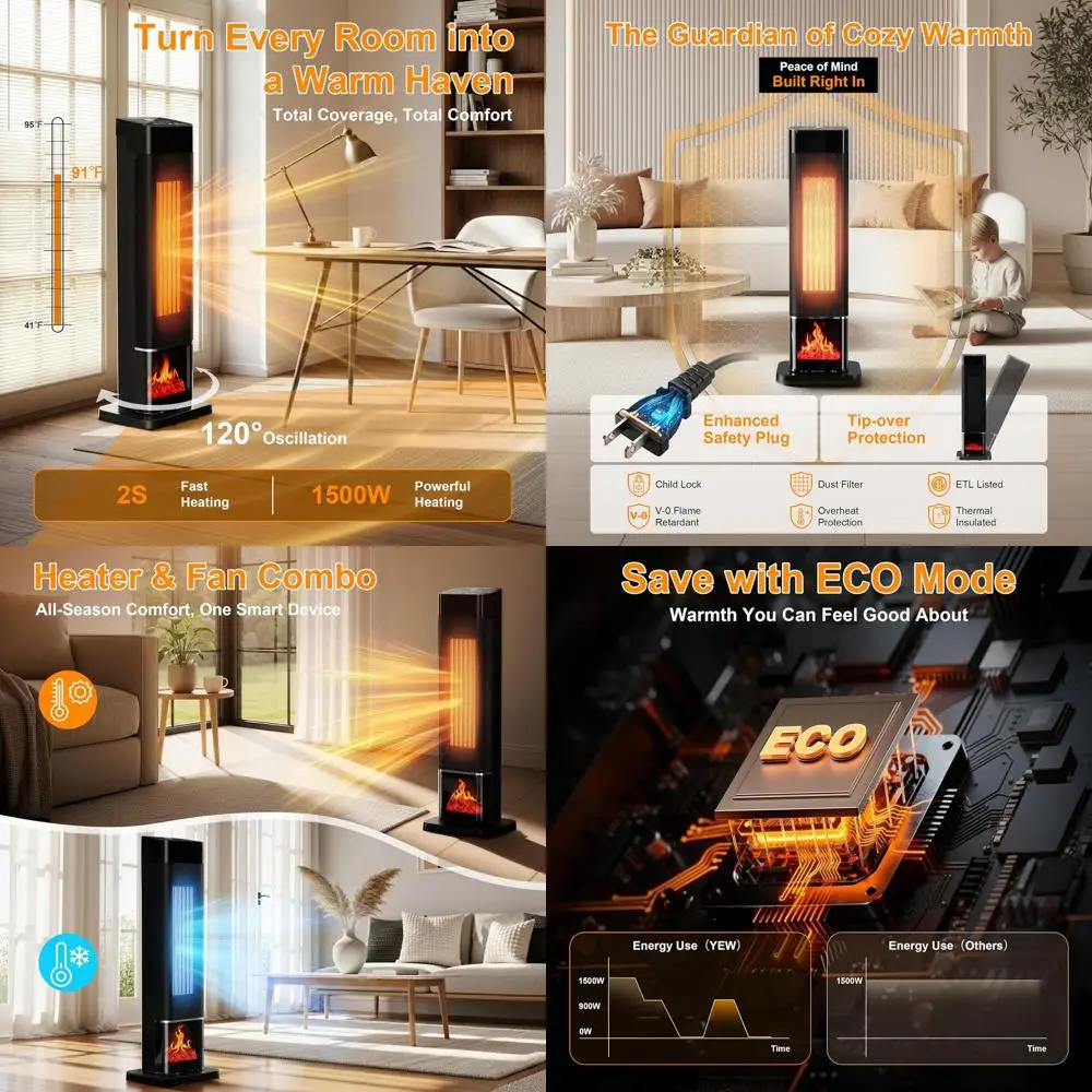 

Портативный керамический обогреватель 1500 Вт с термостатом, функцией осцилляции, таймером и пультом ДУ для больших помещений