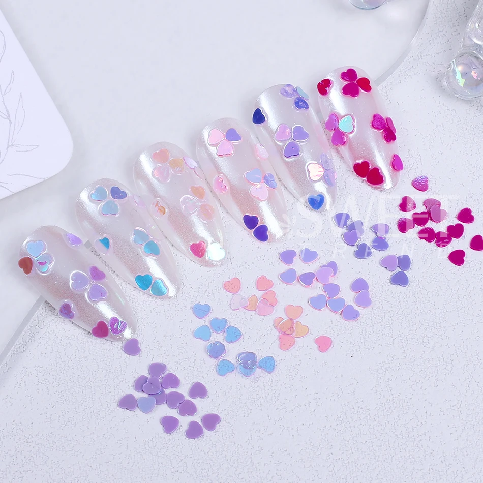 กลิตเตอร์เล็บรูปหัวใจสีชมพู/ม่วง 6 ชิ้น แบบโฮโลแกรม ประกายรุ้ง สำหรับตกแต่งเล็บวันวาเลนไทน์