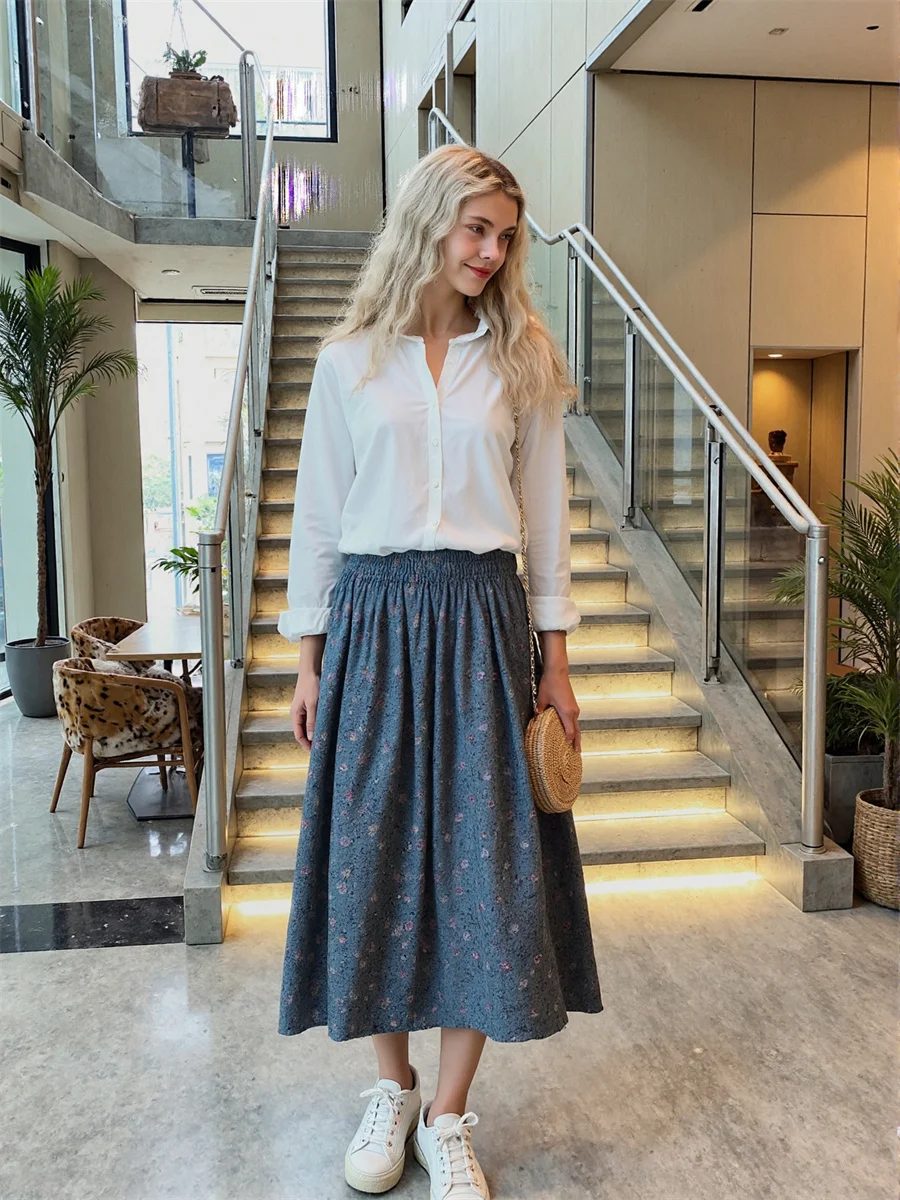 

Midi Floral Printed Skirts Womens Chiffon Layered Pleated Ruffle Hem Elastic Waist Flare Chic Elegant Bohemian Drape Soft