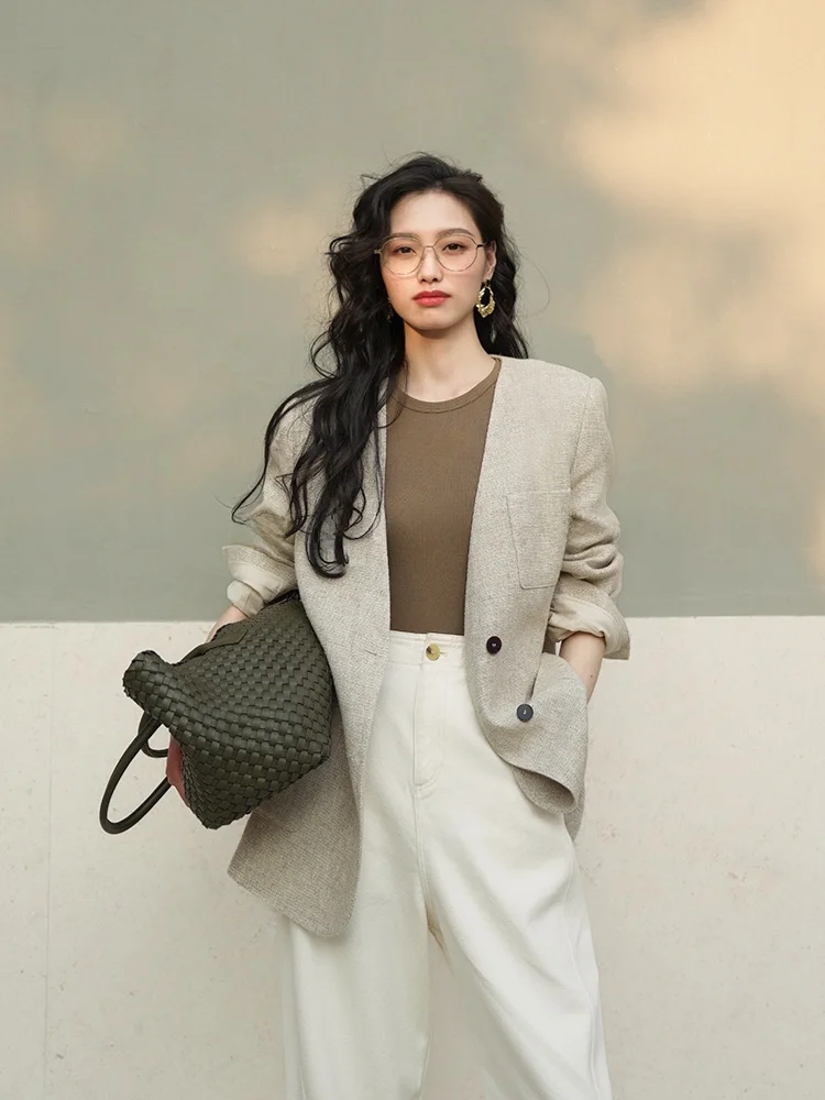 

Льняной костюм без воротника с широкими плечами, лимонно-зеленый, в стиле Casual Philosophy, для деловых женщин, с длинными рукавами, для работы и повседневной носки.