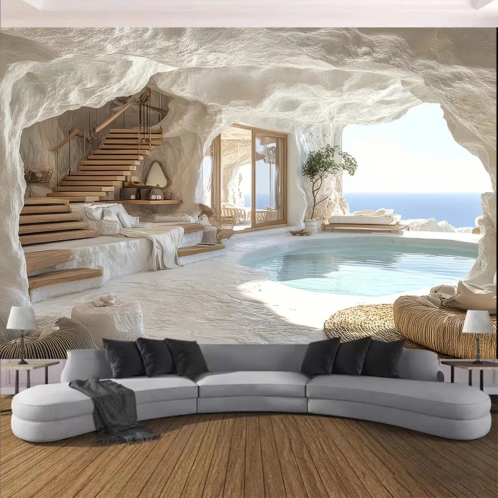 Unique Greek Cave House Tapestry | Realistic White Stone & Wooden Wall Design | Outdoor Banner Wall Hanging (Flat Print)