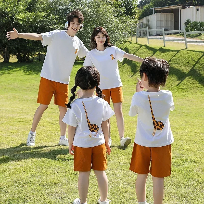 

Family Funny Matching 2 Piece Sets Father Mother Daughter Son Clothes Outfits Parents and Children Cartoon T Shirts Shorts