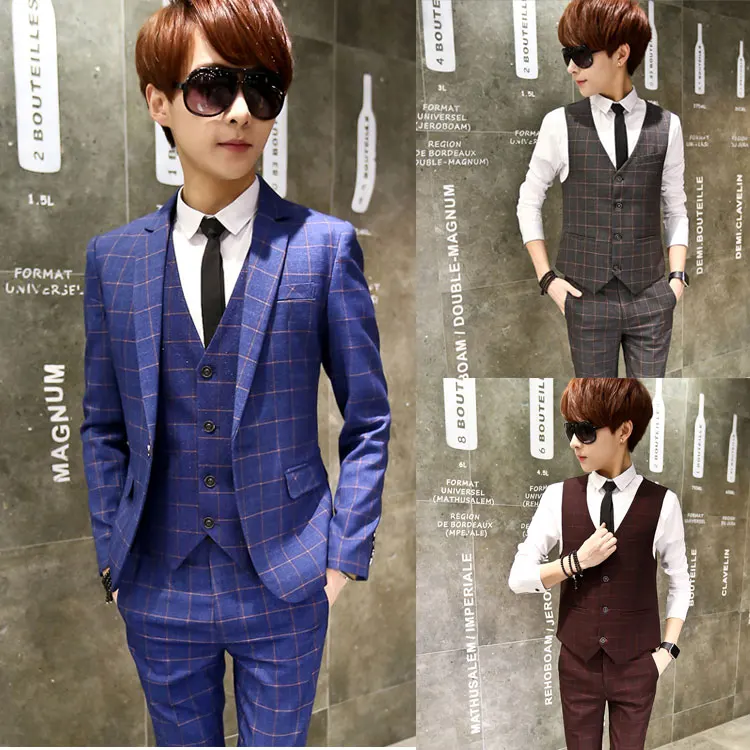

Men's Slim Fit Casual Plaid Wedding Suit Jacket Pants Vest Fashionable City Style Regular Thickness Polyester Fiber