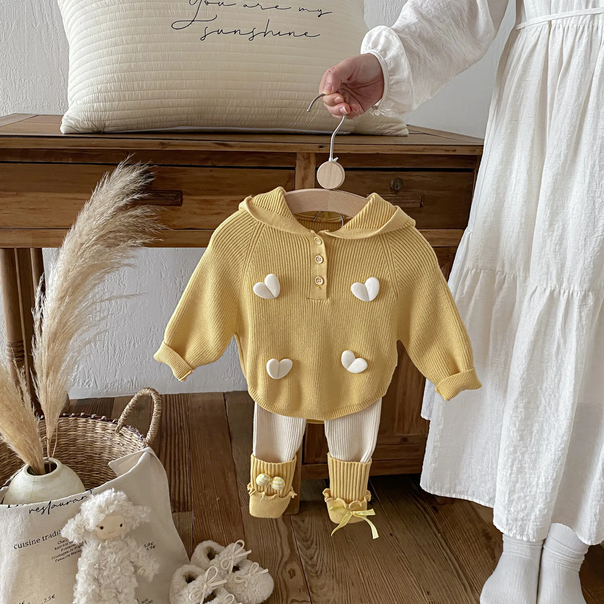 5490 Girls' Clothing Set 2026 New Spring Baby Girl's Suit Hooded Knitted Love Sweater+ Leggings Sweet Two-piece Suit.