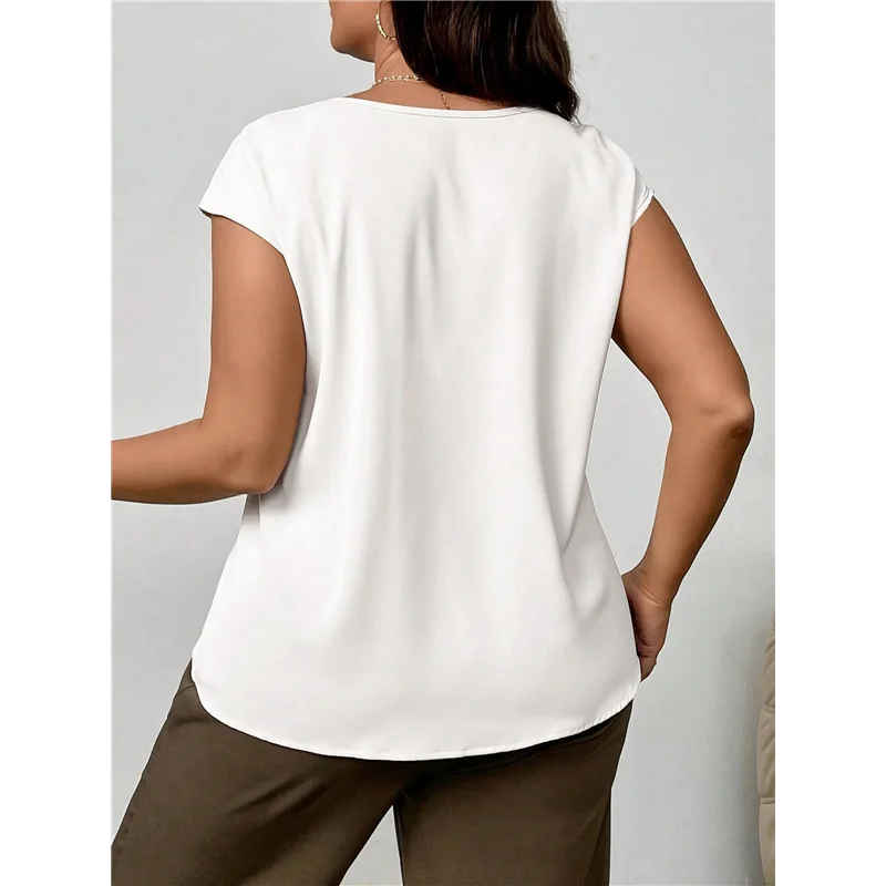 

CGS-Women's Plus Size Pleated Top Crew Neck Cap Sleeve Office Work Blouse Shirt