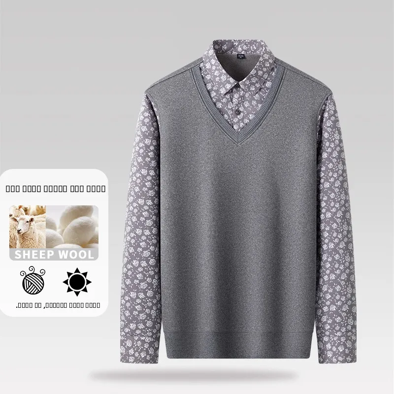 

Faionable Skin-friendly Comfortable Men's Knitted Sweater Fce-lined Fake Two-piece Polyester Fiber Daily Wear Long Sv...