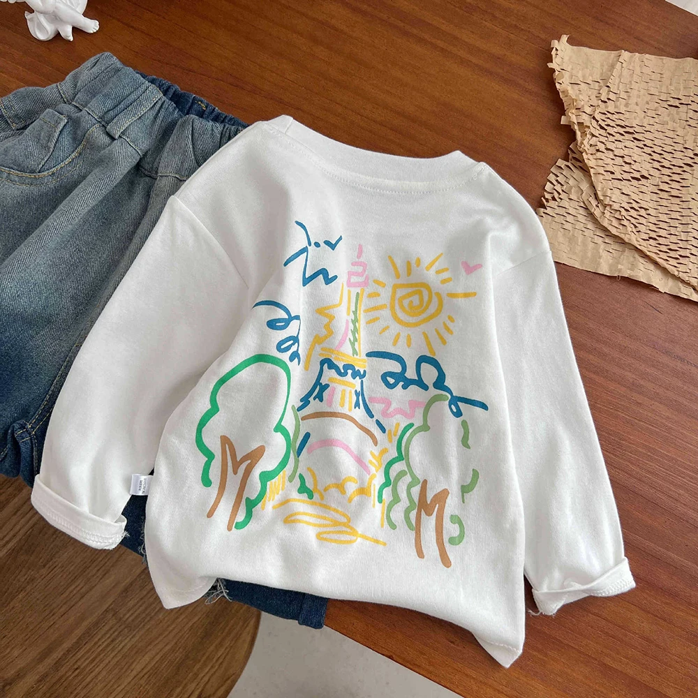 

3 Colors Children's Pullover Spring Autumn Cotton Cartoon Print Simple Basic Long Sleeved T-shirt O-Neck Versatile Top Inner