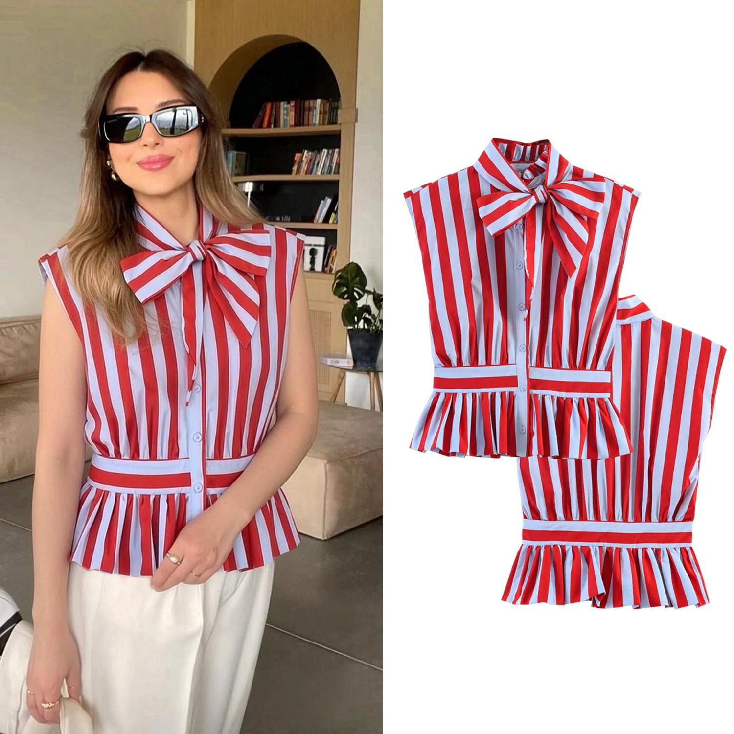 

Summer Women's Striped Shirts Chic Female Sleeveless Bow Lace-Up Hem Hem Ruffle Design T-Shirt Lady High Street Blouses