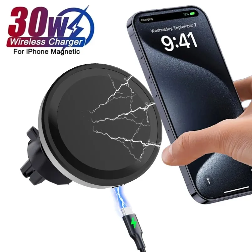

Magnetic Wireless Car Charger For iPhone 17 16 15 14 13 12 Pro Type C Air Vent Clip Phone Holder Bracket Fast Charging Stand
