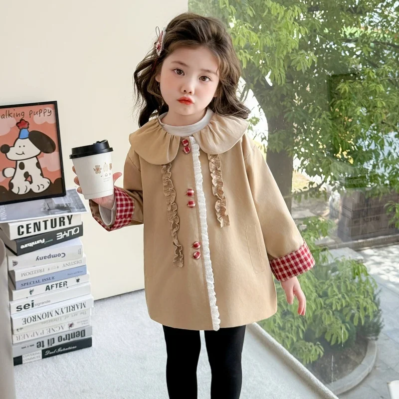 

Girl's Trench Coat Spring/Autumn 2026 New Style Peter Pan Collar Plaid Trench Coat Korean Style Girls' Coat 2-8T
