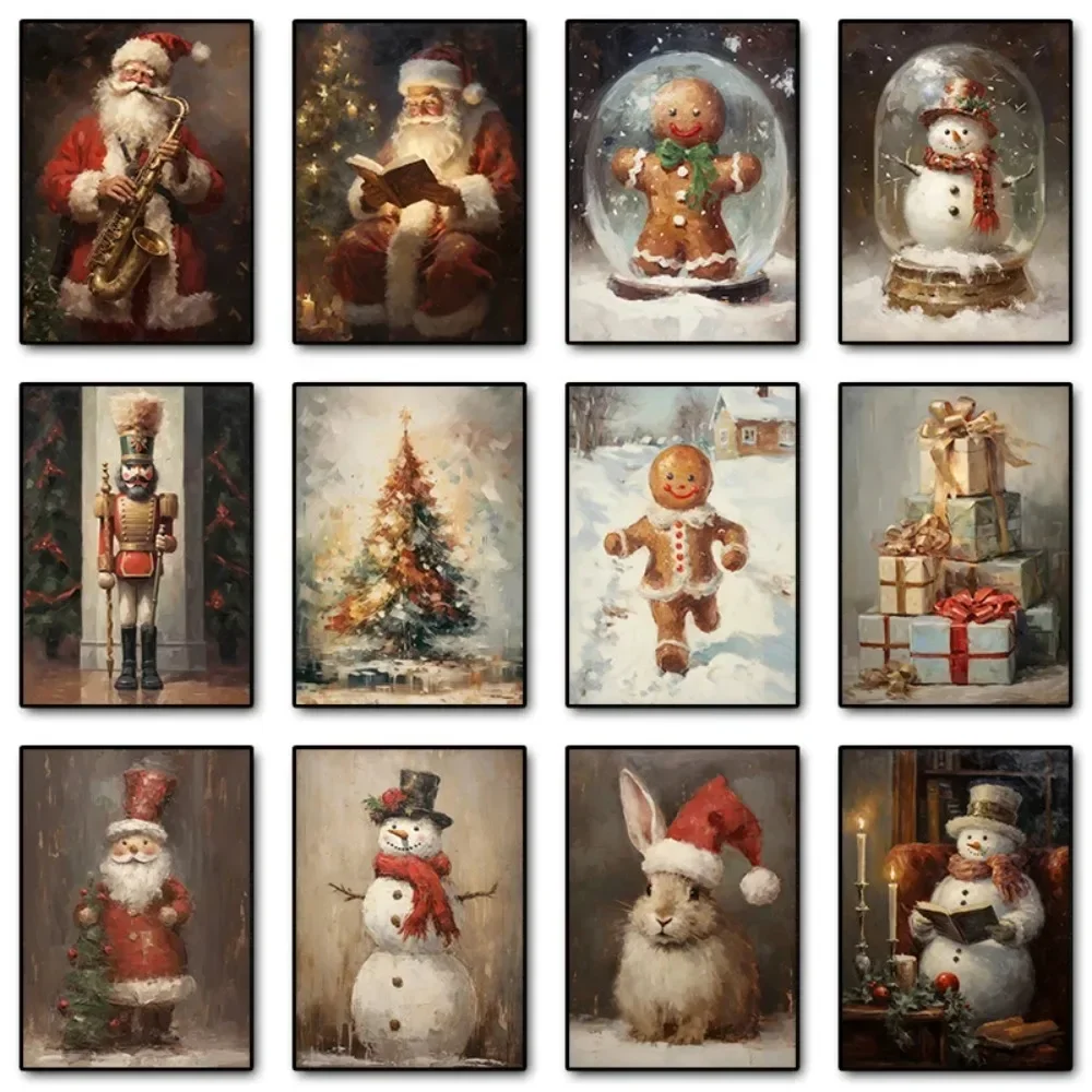 Lebkuchenmann, Weihnachtsmann, Urlaub, Weihnachten, Winter, Schneemann, Weihnachtsmann, minimalistischer Wandkunstdruck, Leinwandgemälde, Poster für Heimdekoration