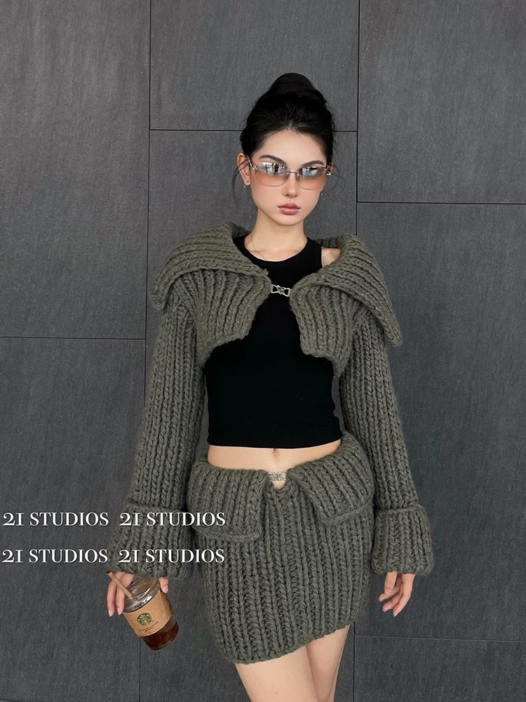 

Sweater Cardigan Round Neck Coat for Women Skirt Outfit Slim Fit Autumn and Winter New Fashion Handmade Knitted Thickened Warm