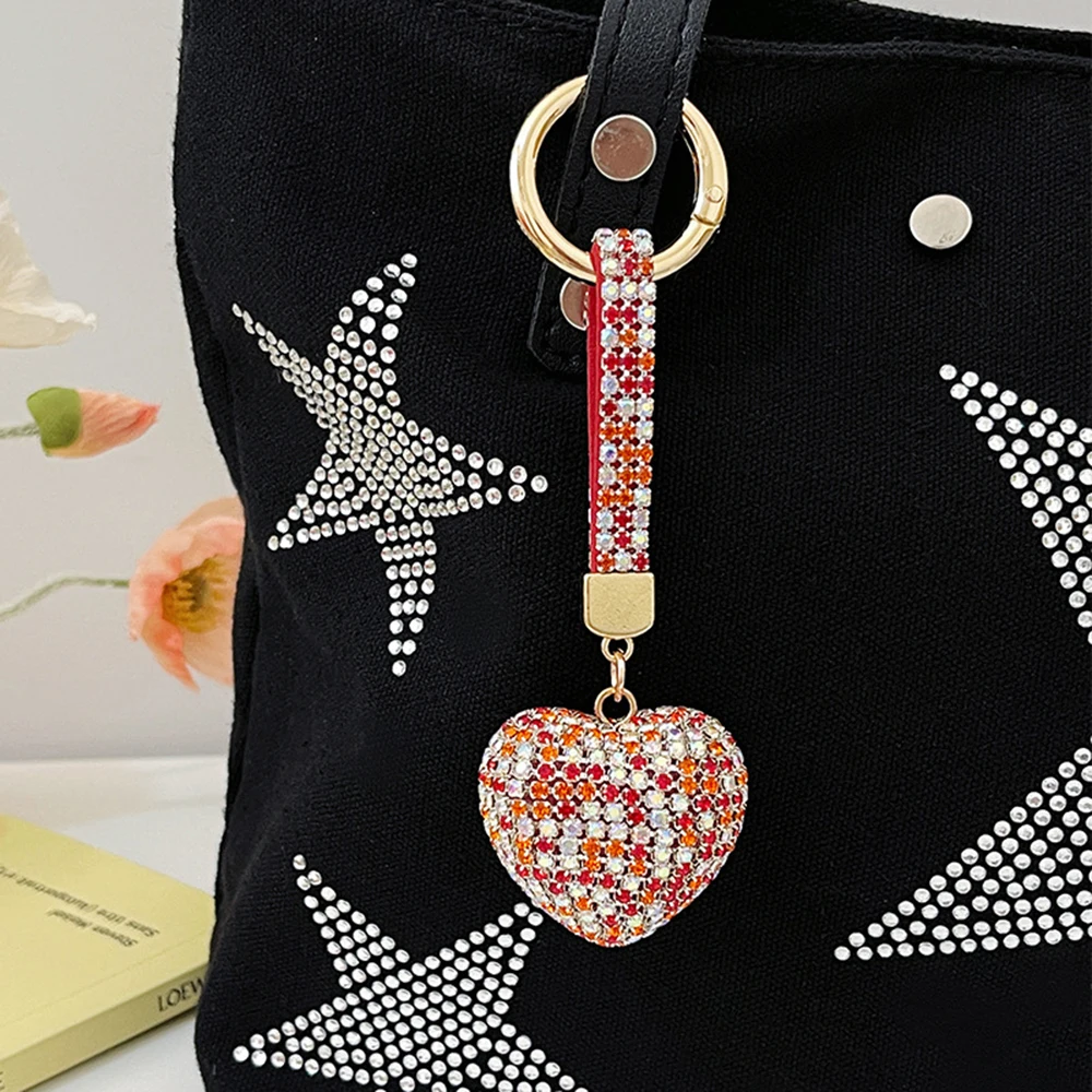 Colourful Heart Full Rhinestone Keychain PU Leather Tassel Keyring for Women Car Key Holder Valentine's Day Gift