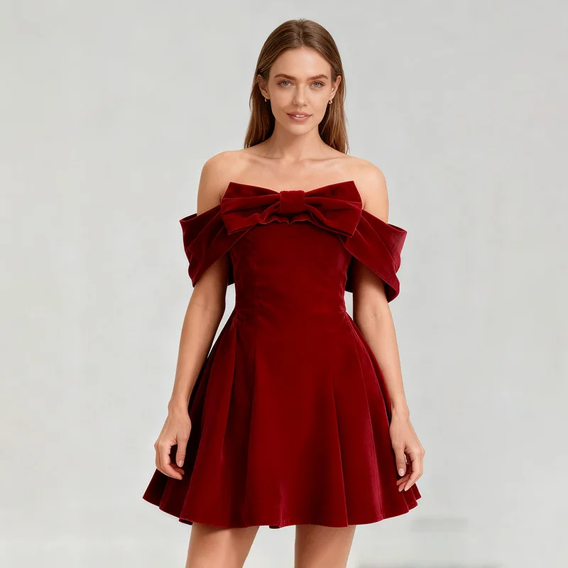 

Women’s Burgundy Velvet Off Shoulder Large Bow Embellished Waist-Cinched Mini Dress Elegant Glam Party Gown