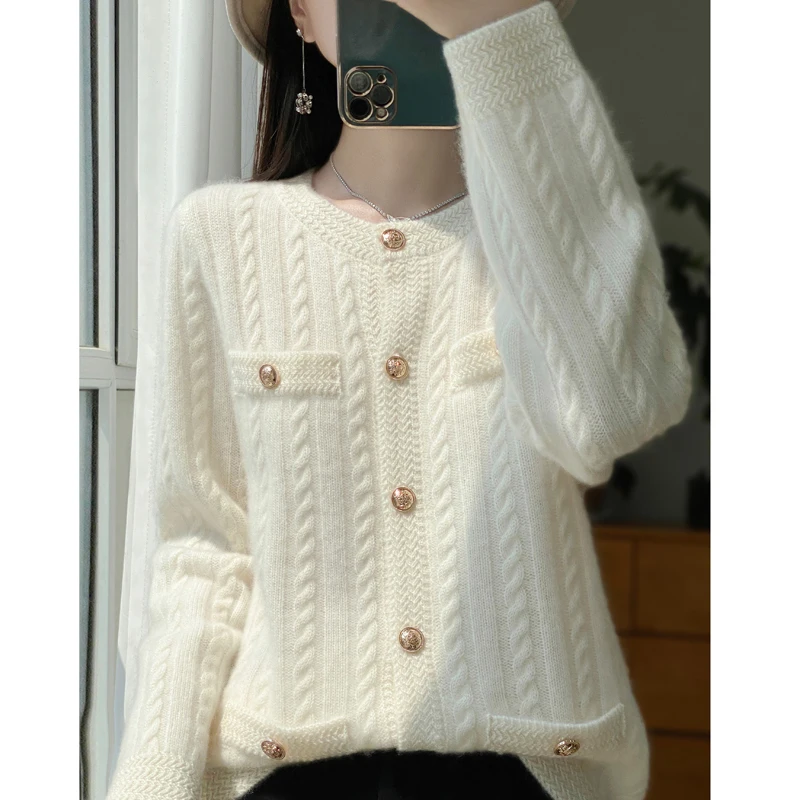 100% Merino Wool Cardigan Women\'s Round Neck Thick Autumn Winter Fashion Solid Color Pocket Elegant Knitted Jacket Sweater Top