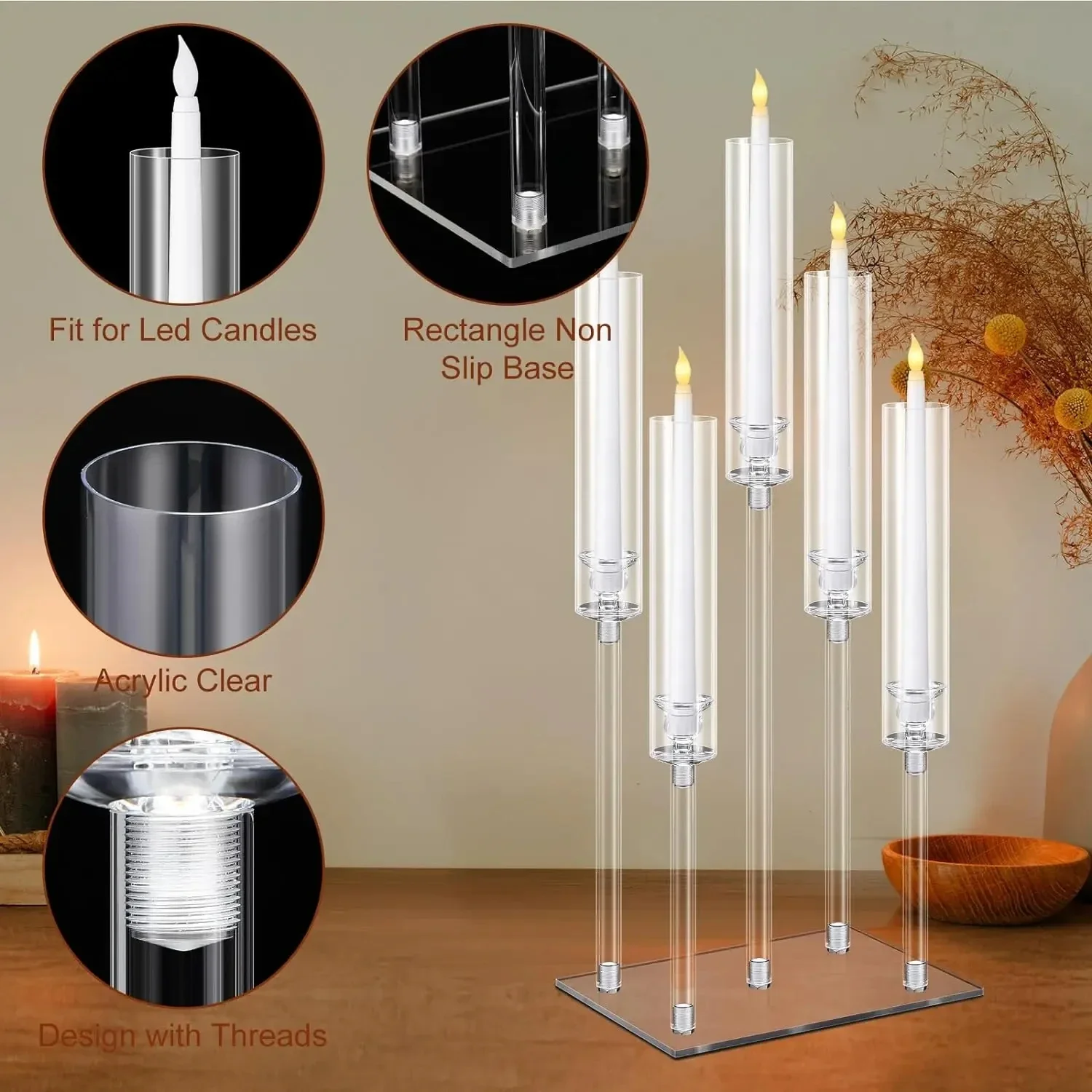 5 Heads Acrylic Candle Holder or 6 LED Candles, Wedding Candle Holder Flower Stand Center Table Decoration Candle Holder