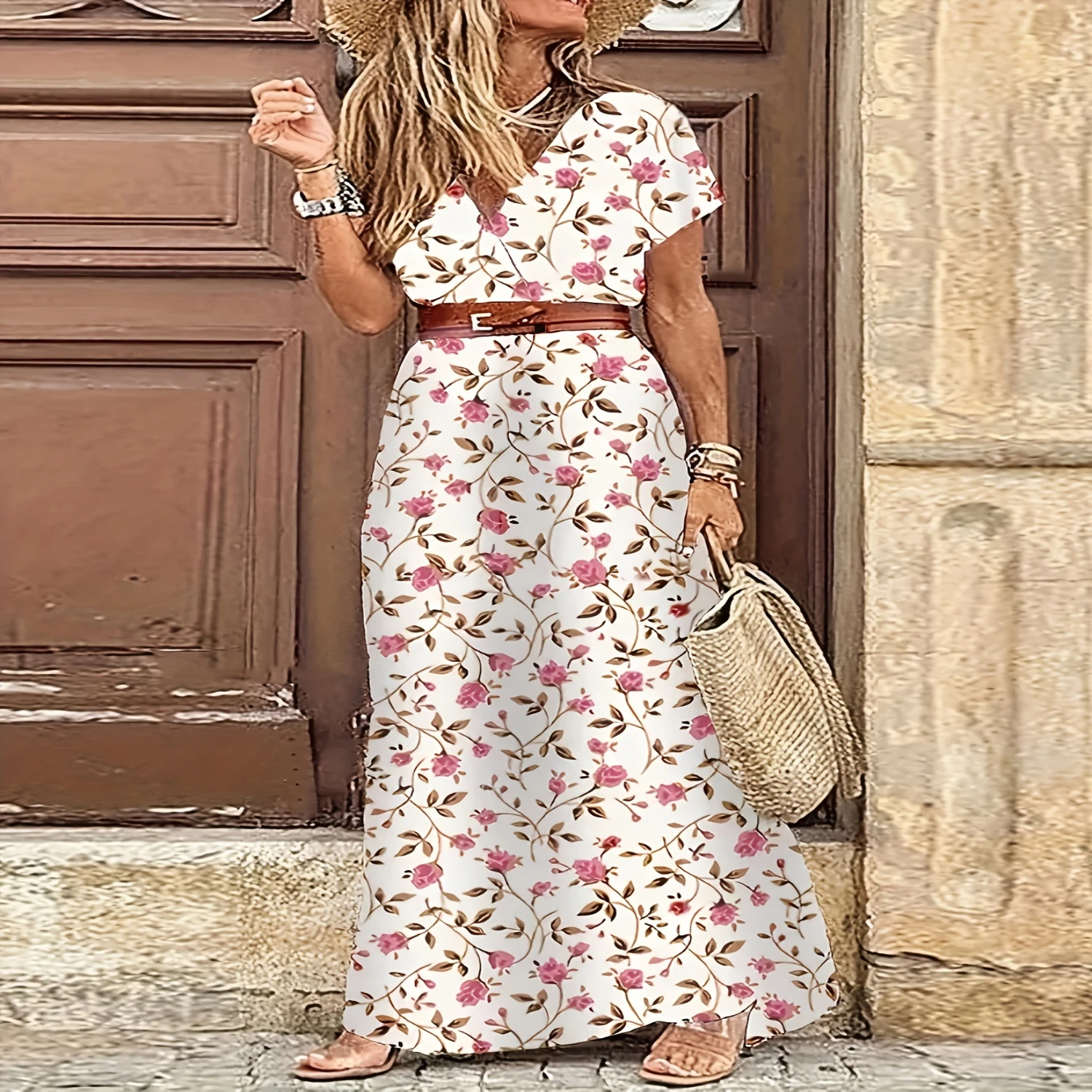 Chic Short Sleeve Womens Floral Maxi Dress - Vibrant  Style for Parties & Casual Events - Premium Ladies Floor-Length Clothing