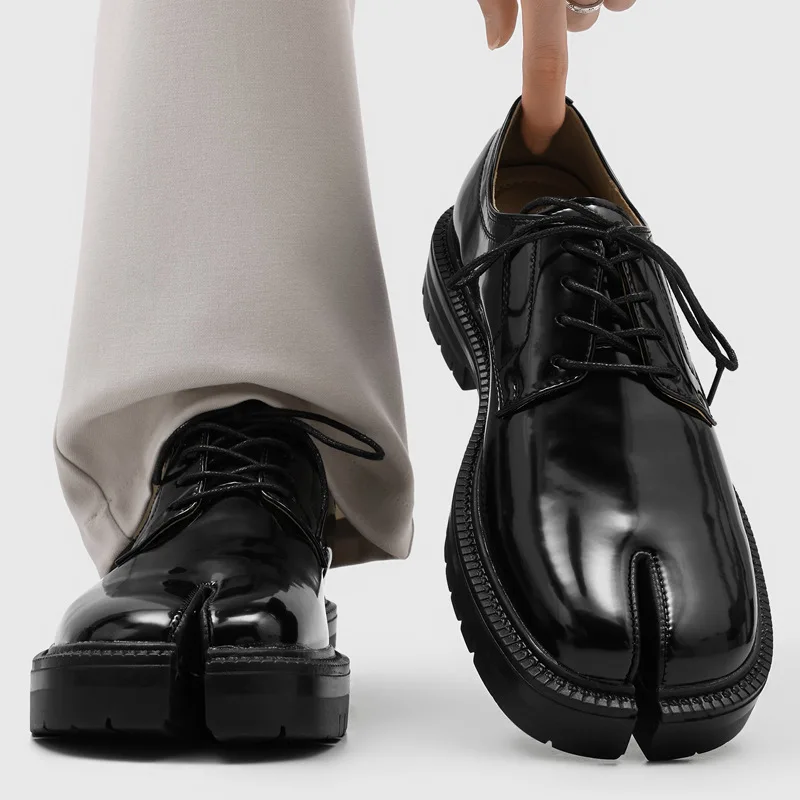 Luxury Brand Split Toe Derby Shoes Men Leather Casual Lace Up Thick Soled British Style Platform Dress Shoes Womem Size 38-46