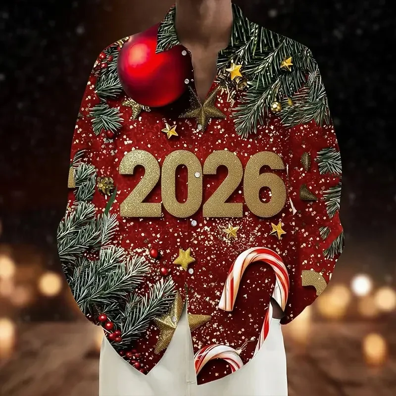 2026 Camisa con adornos navideños de Feliz Año Nuevo para hombre, camisa con botones, manga larga, divertida, para vacaciones al aire libre, primavera, Otoño e Invierno