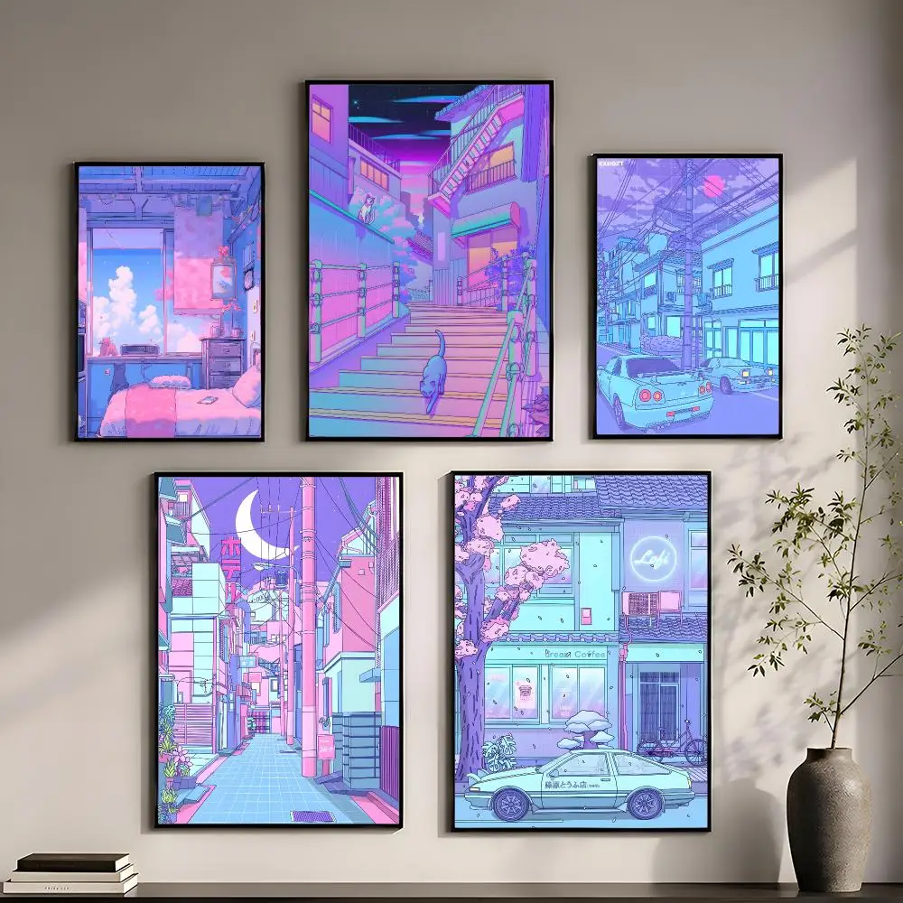 Neon City Street Vaporwave 80S Poster Perfect Sticker Self Adhesive for Office Home Theater Wall Art Decor Fancy Gift