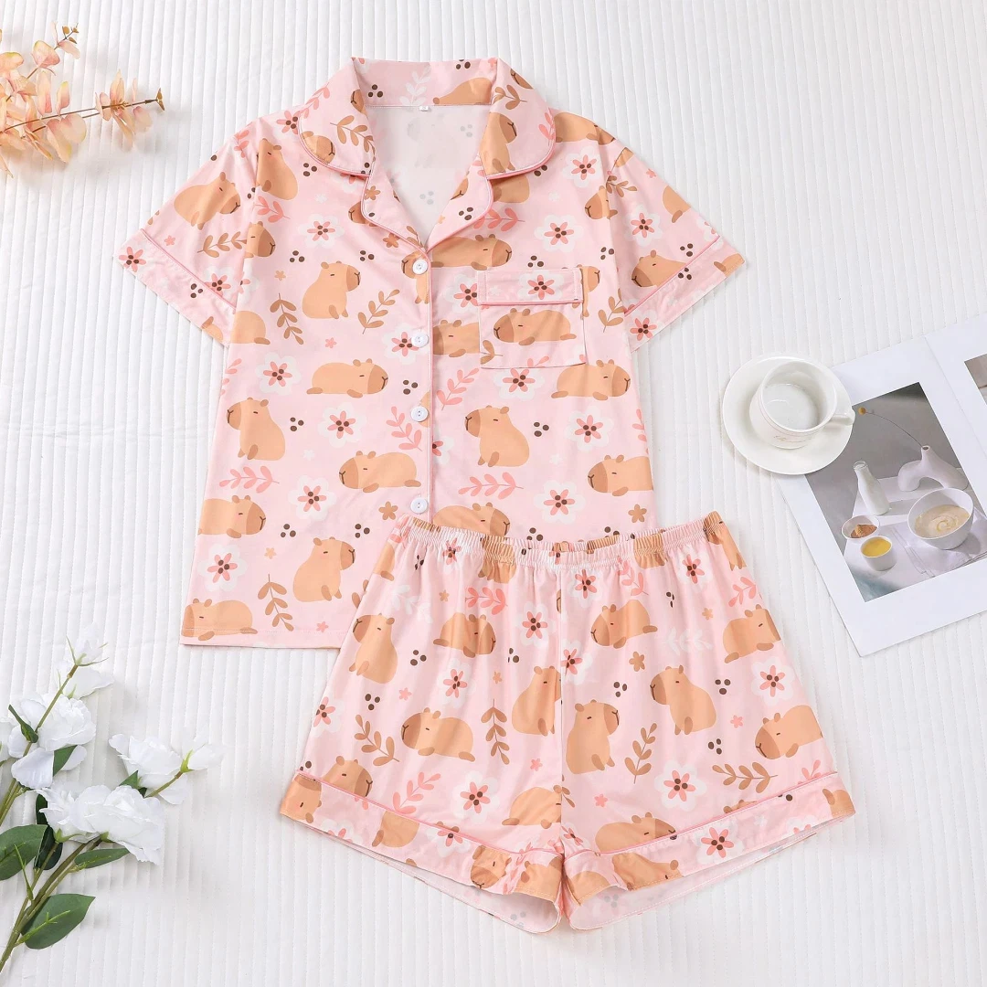 

Animal Themed Pajama Pink Capybara Print Lapel Short Sleeve Short Trousers Loungewear Home Wear Set Clothes Gifts for Women