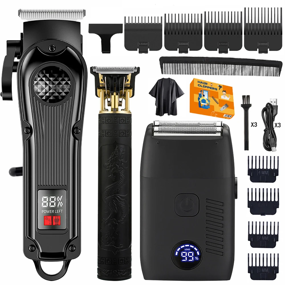 Professionelles kabelloses Haarschneidegerät-Set, Maschine für Haarschnitte, digitaler Display, Haarschere, elektrischer Haarschneider, dreiteiliges Set
