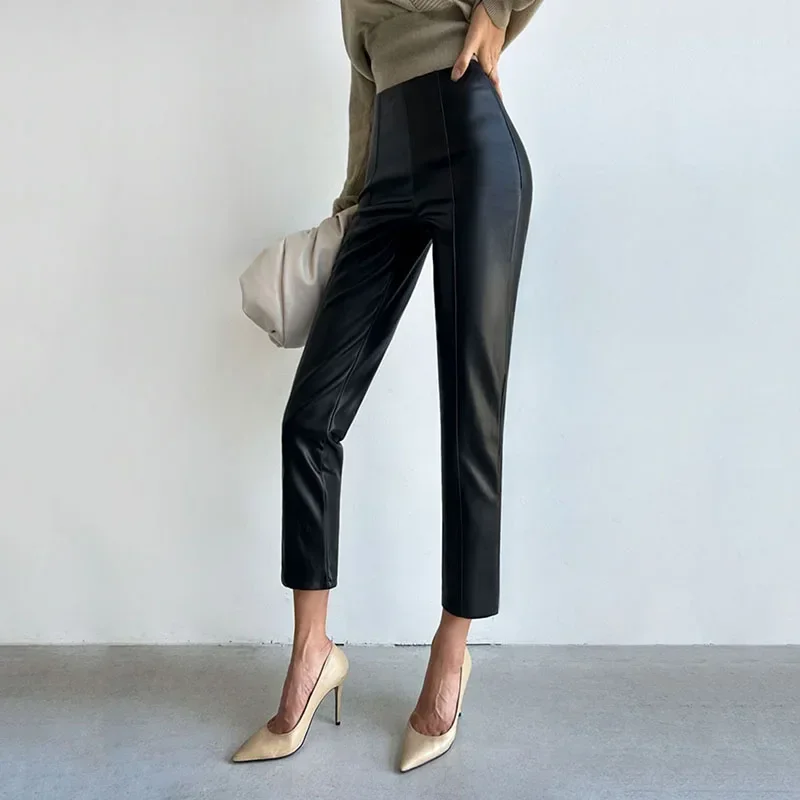2024 여성용 하이 웨이스트 슬림핏 펜슬 팬츠, PU 가죽 스트레이트 레그, 따뜻한 플리스 안감 바지, 신상