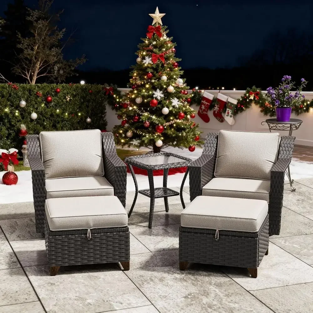 5-Piece Outdoor Wicker Patio Furniture Set with Swivel Chairs, Ottomans, and Side Table - Beige Washable Cushions for Porch or B