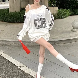 Trend Long Sleeve Sweatshirts Female Autumn New Loose All-match Off Shoulder Top Tee Korean Lacing Letter Loose T-Shirts Femme