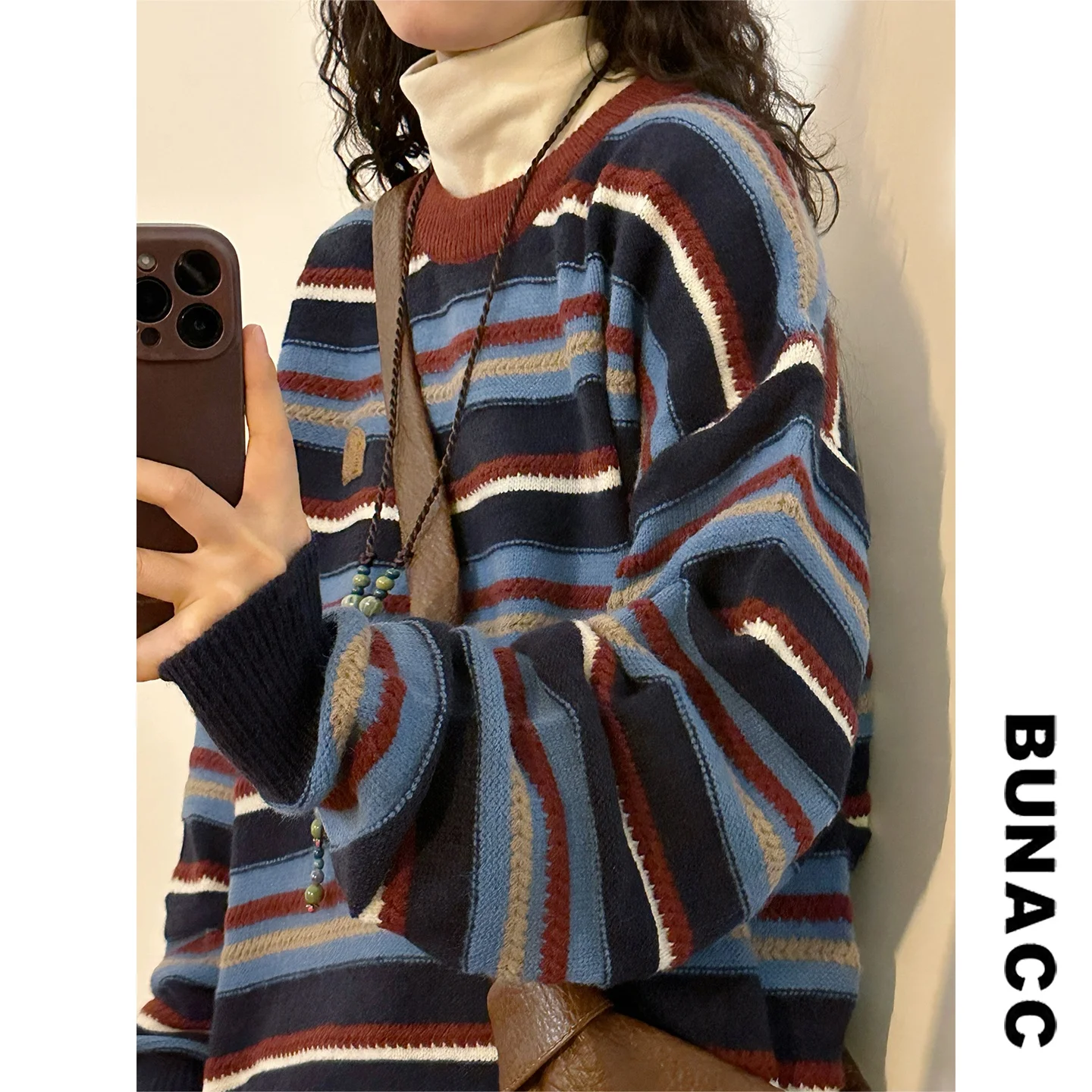 

Женский вязаный свитер BUNACC свободного кроя с круглым вырезом, в полоску, в уличном стиле, осенне-зимний, модный, винтажный, с цветовыми блоками