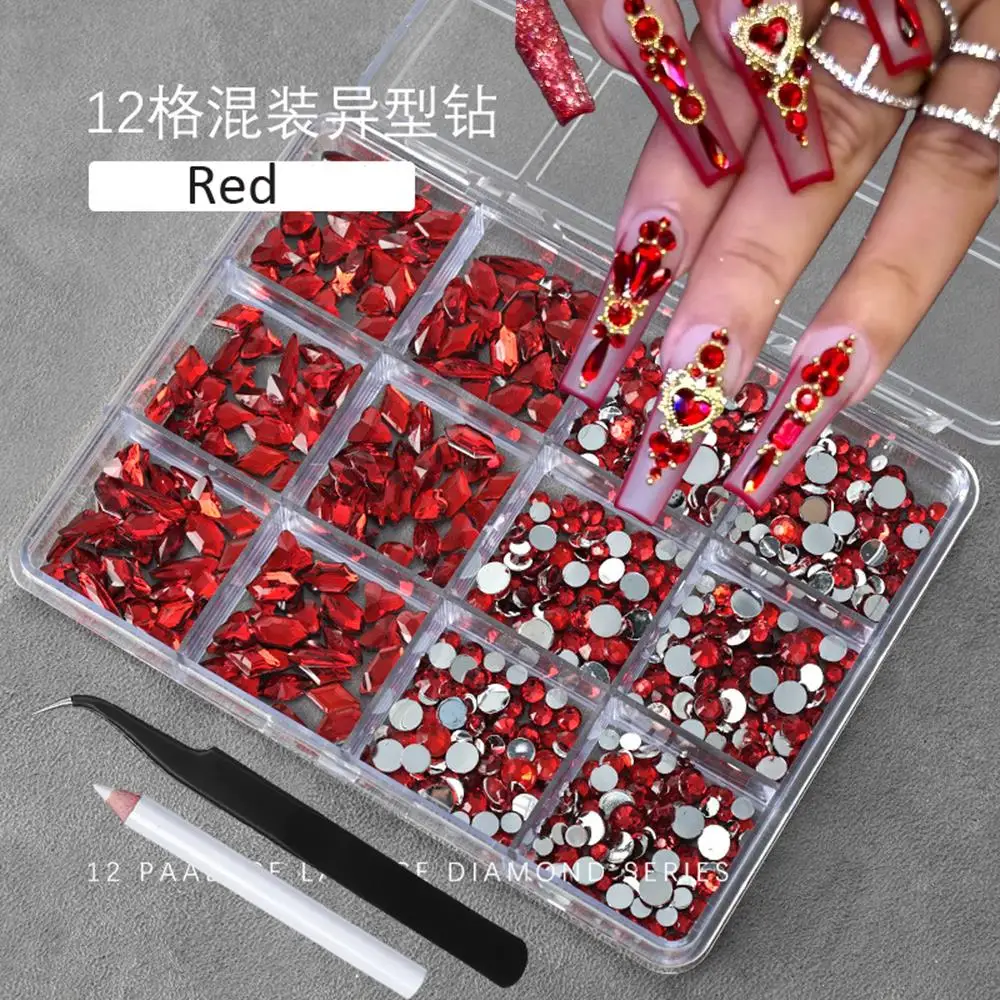 12Grids 3D Christmas Red Nail Art Rhinestones+Pen&Tweezers Multi-Shape Flatback Diamond Nail Charms DIY Crafts Toy Gems Decor *